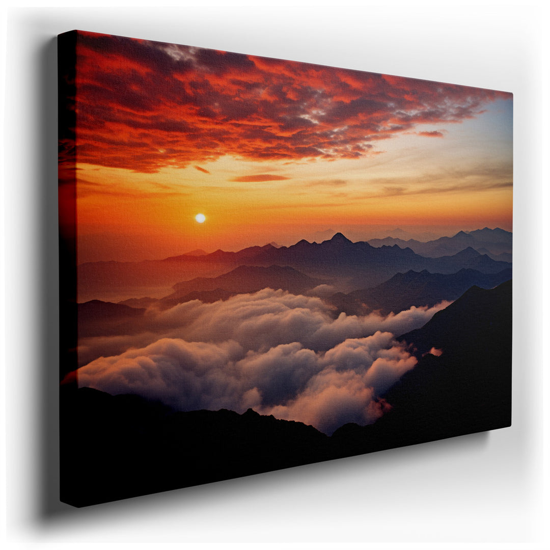 canvas print on wrapped canvas for wall decor – This wall art captures a moment of sublime beauty and tranquility, depicting a dramatic sunrise over a range of mist-ens...