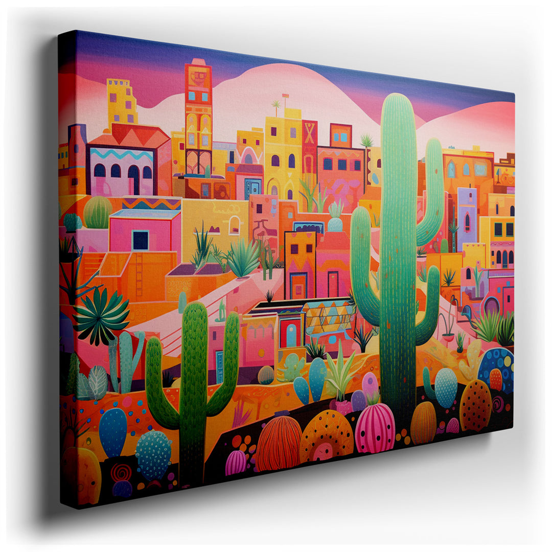 canvas print on wrapped canvas for wall decor – This wall art is a captivating portrayal of a vibrant town nestled in a desert landscape, teeming with life and color. T...