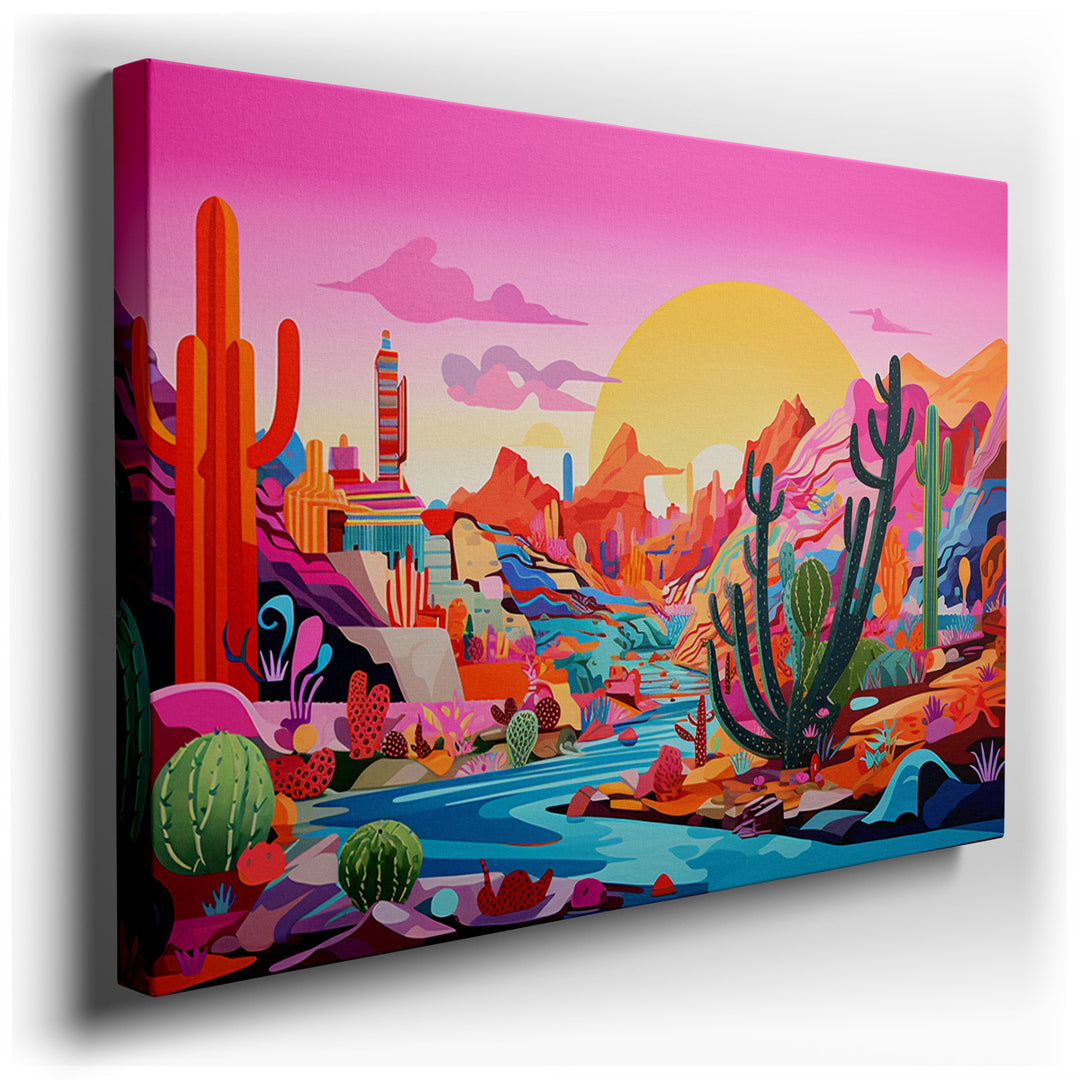 canvas print on wrapped canvas for wall decor – This wall art is a captivating portrayal of a desert landscape, rendered in a style that combines both vibrancy and whim...