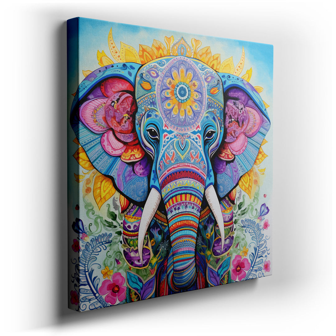canvas print on wrapped canvas for wall decor – This exquisite wall art captures the majestic essence of an elephant, transformed into a canvas of vibrant colors and in...