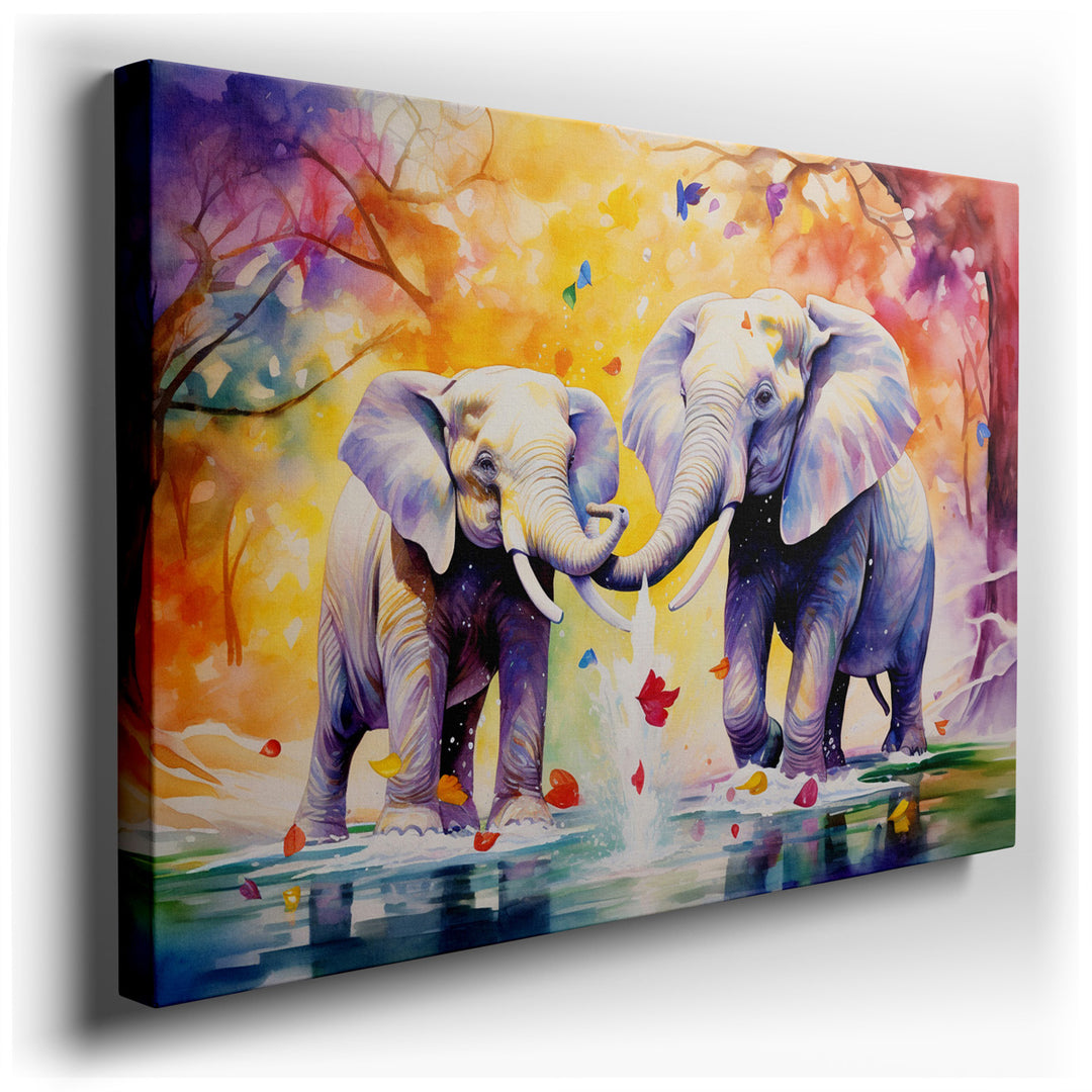 canvas print on wrapped canvas for wall decor – This enchanting wall art captures a moment of sheer delight and natural beauty, featuring two elephants immersed in a pl...