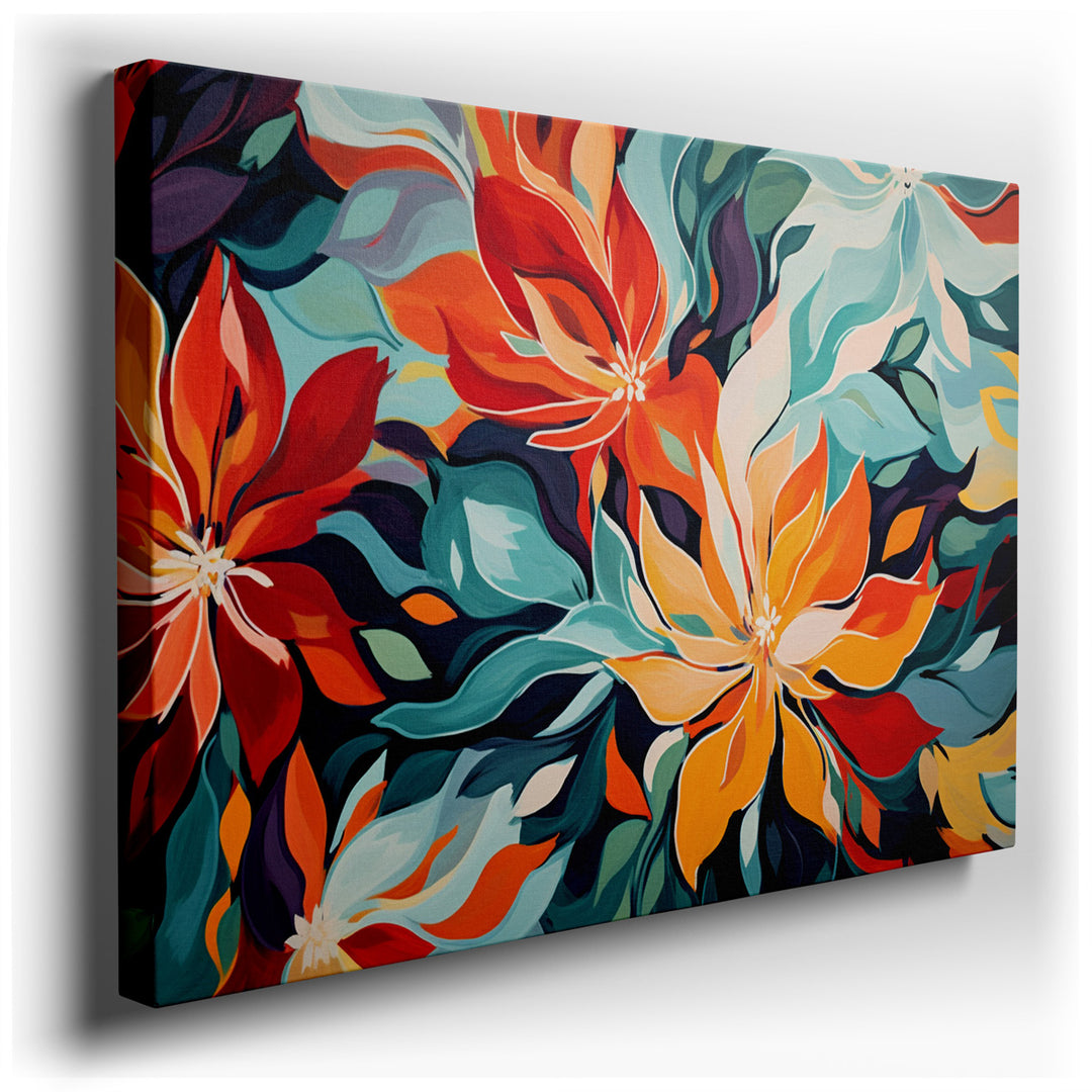 canvas print on wrapped canvas for wall decor – This vibrant wall art is a captivating piece of abstract art that masterfully blends vivid hues of red, orange, and teal...