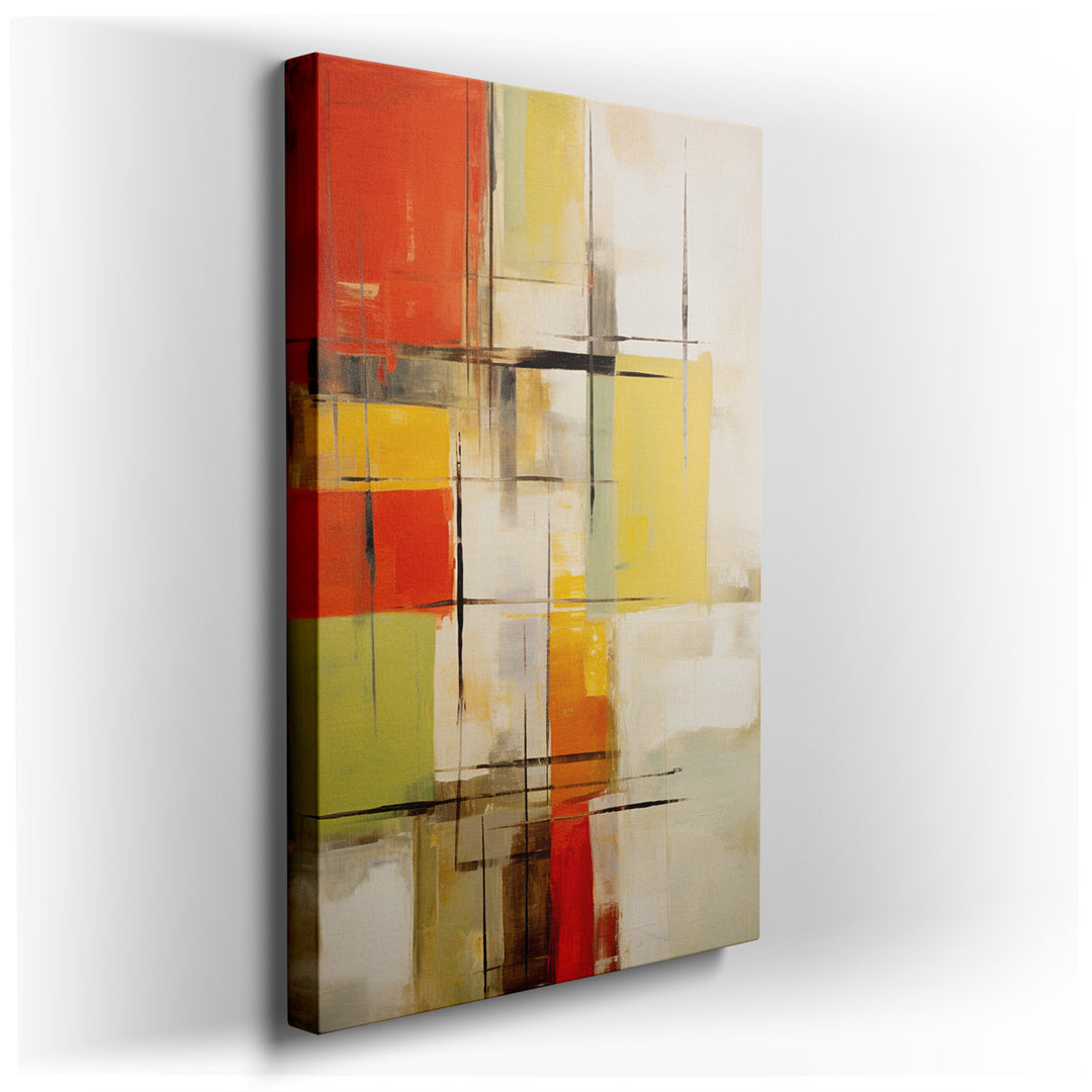 canvas print on wrapped canvas for wall decor – This captivating wall art is a masterful display of geometric abstraction, where bold patterns and a vibrant palette con...