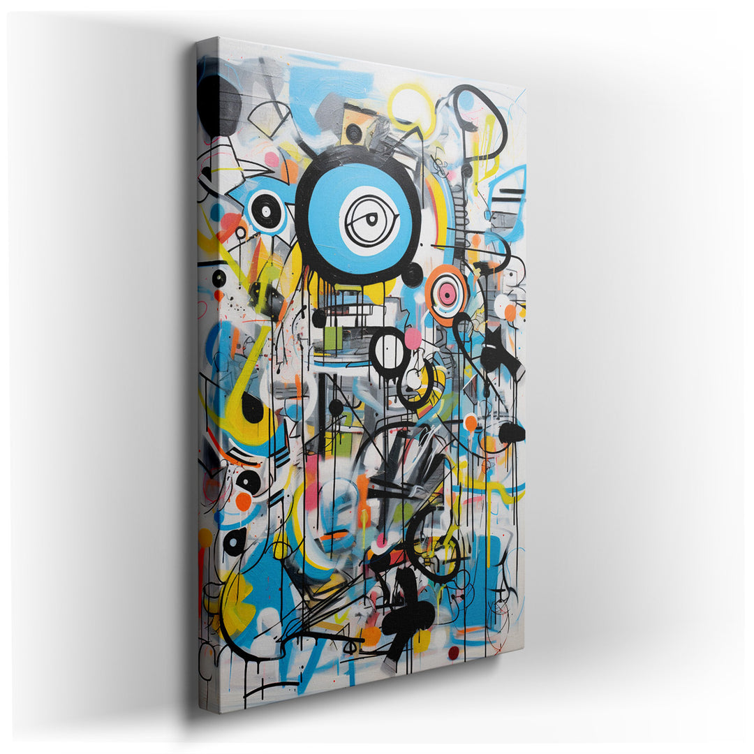 canvas print on wrapped canvas for wall decor – This dynamic abstract art piece is a vivid exploration of contemporary graffiti style, characterized by a vibrant cacoph...