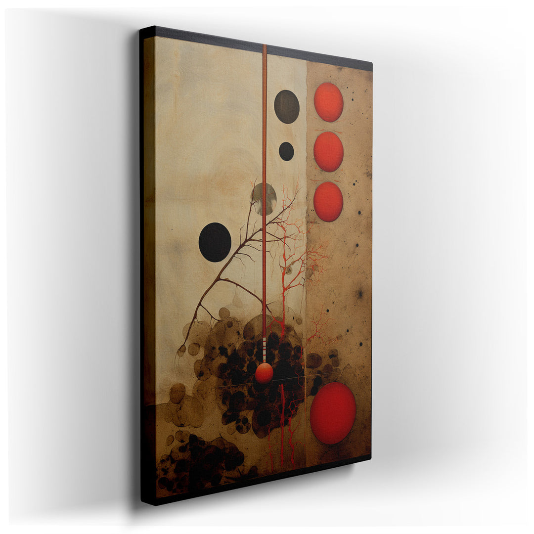 canvas print on wrapped canvas for wall decor – This exquisite wall art is a masterful display of abstract artistry, where the interplay of red and black circles forms...