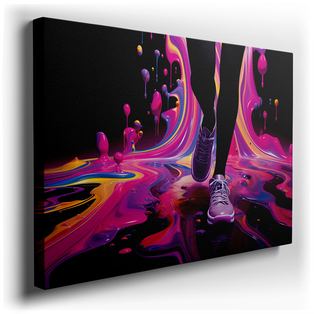 canvas print on wrapped canvas for wall decor – This wall art captures a moment of kinetic beauty, where a pair of sneakers becomes the focal point amidst a symphony of...