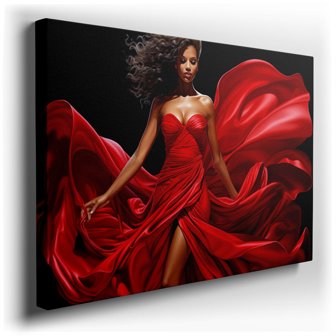 canvas print on wrapped canvas for wall decor – This captivating wall art portrays a stunning woman clad in a radiant red dress, her form and attire captured in the mid...