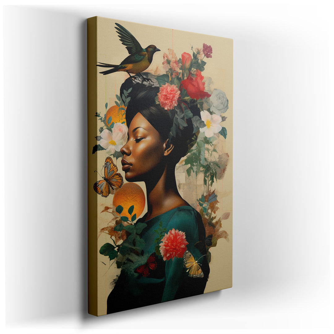 canvas print on wrapped canvas for wall decor – This wall art, a captivating portrait of a woman, is an exquisite representation of beauty intertwined with the tranquil...