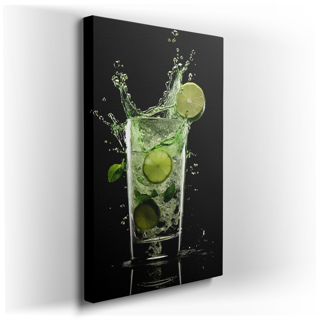 canvas print on wrapped canvas for wall decor – This wall art captures a moment of pure, effervescent joy—a refreshing drink, perhaps a sparkling limeade, bursting fort...