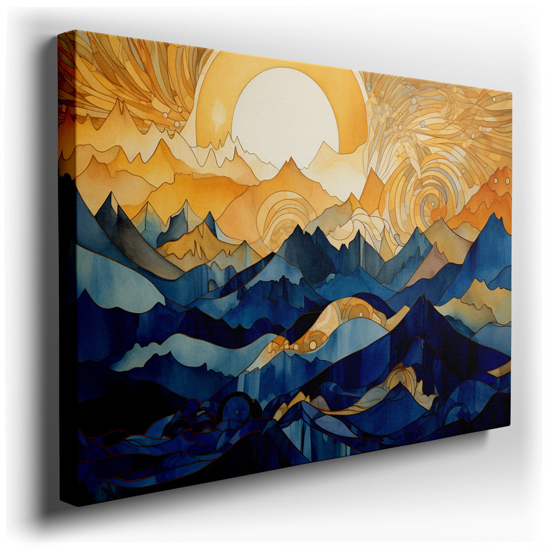 canvas print on wrapped canvas for wall decor – This enchanting wall art offers a stylized interpretation of a mountain landscape, masterfully rendered through a dynami...