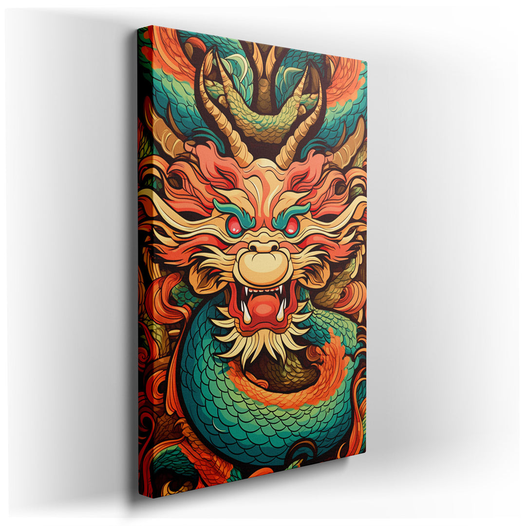 canvas print on wrapped canvas for wall decor – This wall art, an intricate portrait of a dragon, is a masterful celebration of mythical grandeur and cultural depth. Th...