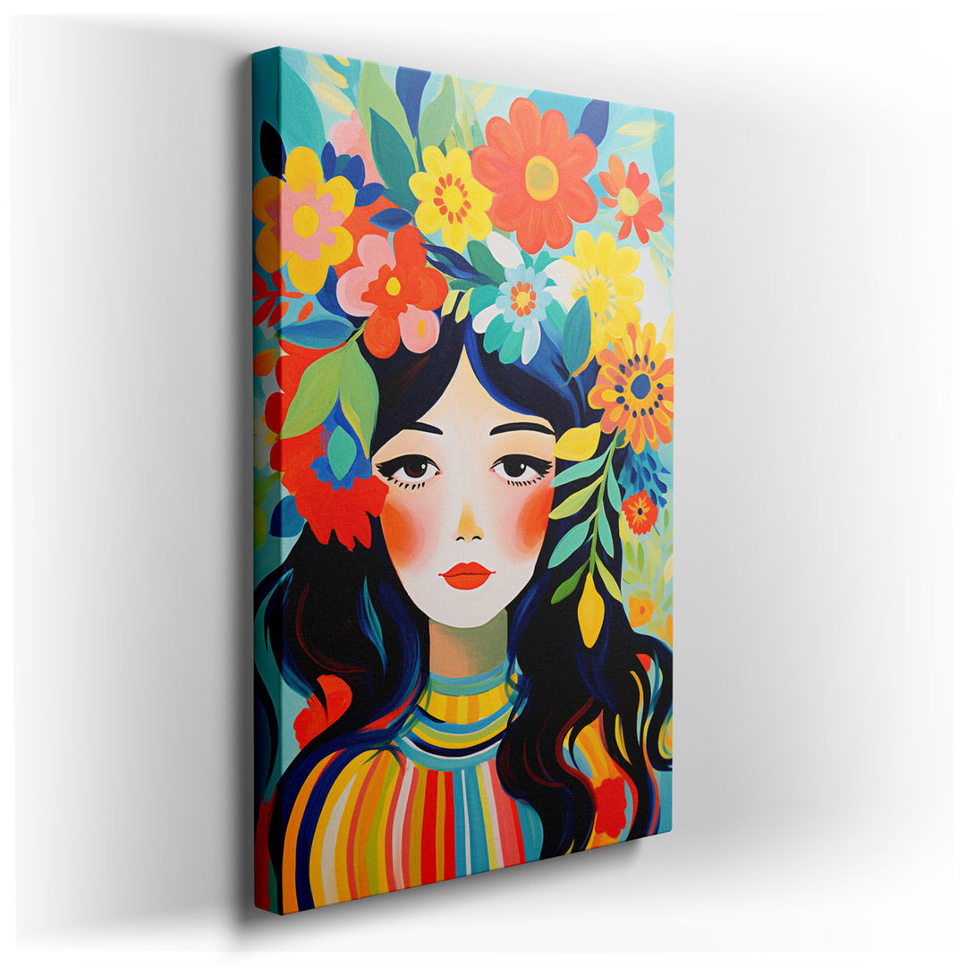 canvas print on wrapped canvas for wall decor – This enchanting wall art, a vivid portrayal of a woman crowned with a resplendent array of bright flowers, is a masterpi...