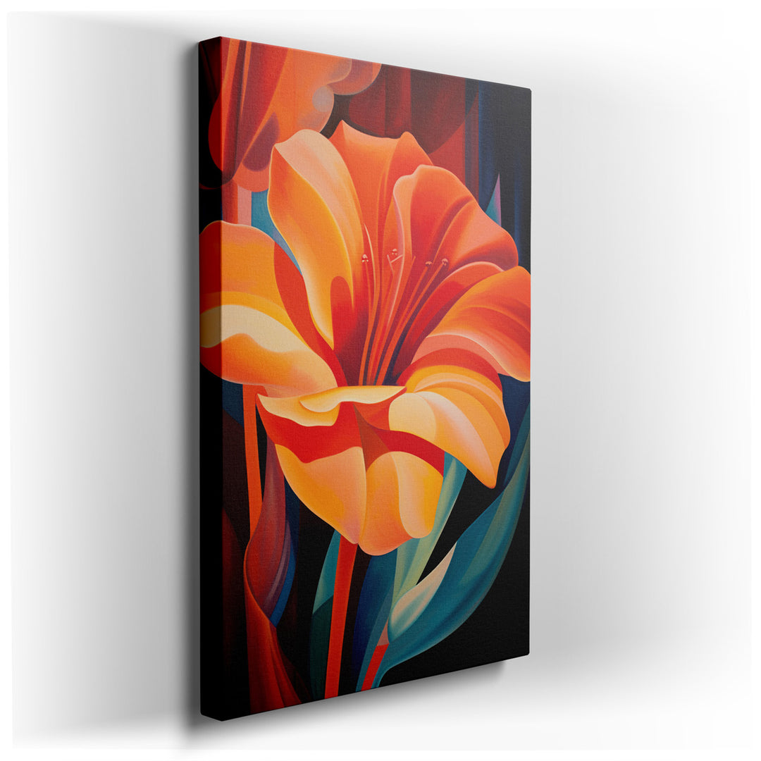 canvas print on wrapped canvas for wall decor – This captivating wall art, an abstract representation of a bold orange flower, exudes a vibrant energy that is both invi...