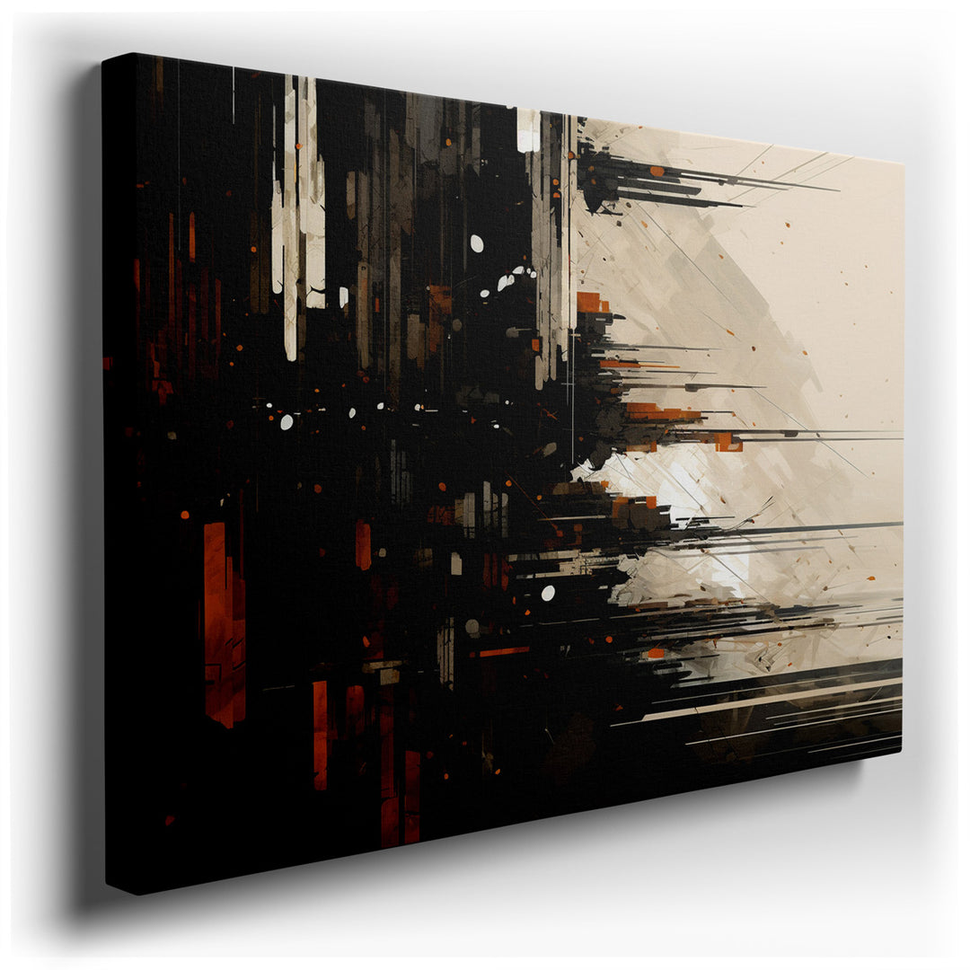 canvas print on wrapped canvas for wall decor – This wall art is a vibrant and dynamic abstract representation of a cityscape, characterized by its energetic brushwork...