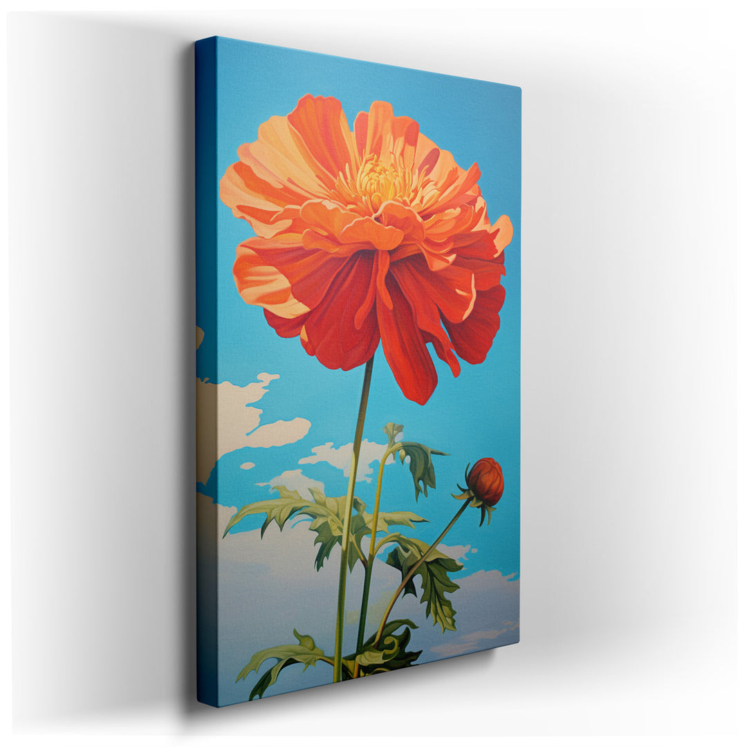 canvas print on wrapped canvas for wall decor – This exquisite wall art, a masterful depiction of a vibrant orange flower set against a serene blue sky, is a celebratio...