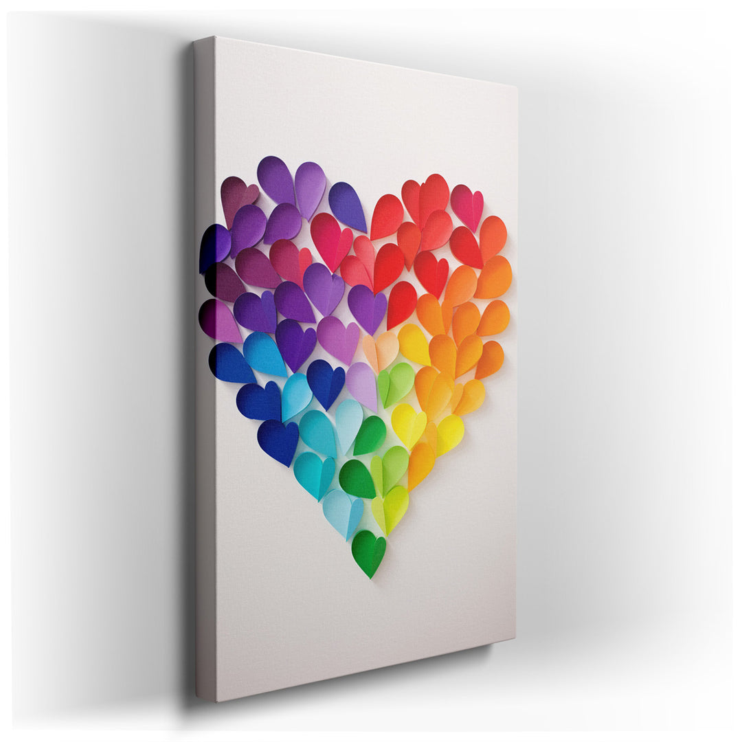 canvas print on wrapped canvas for wall decor – This captivating wall art, a harmonious blend of colorful paper shapes arranged to form a heart, is a profound visual re...