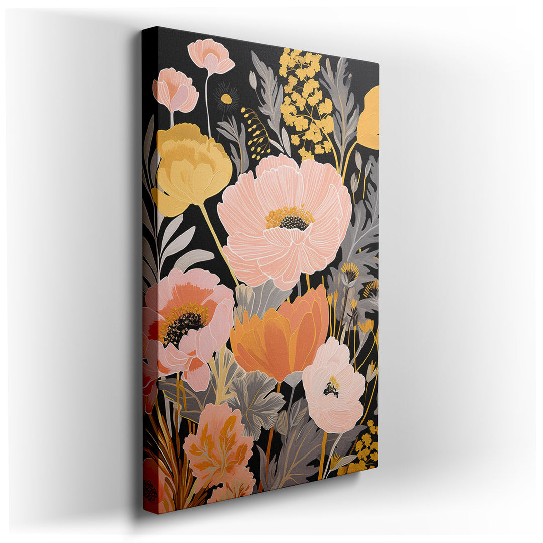 canvas print on wrapped canvas for wall decor – This exquisite wall art, a masterful composition of vibrant pastel flowers set against a stark black background, is a ce...