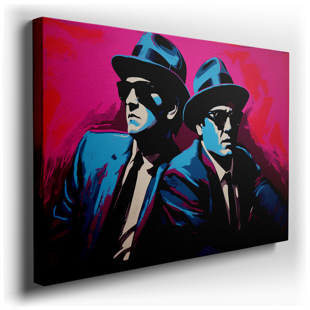 canvas print on wrapped canvas for wall decor – This wall art is a modern artistic interpretation of an iconic duo, masterfully rendered in a palette that combines bold...
