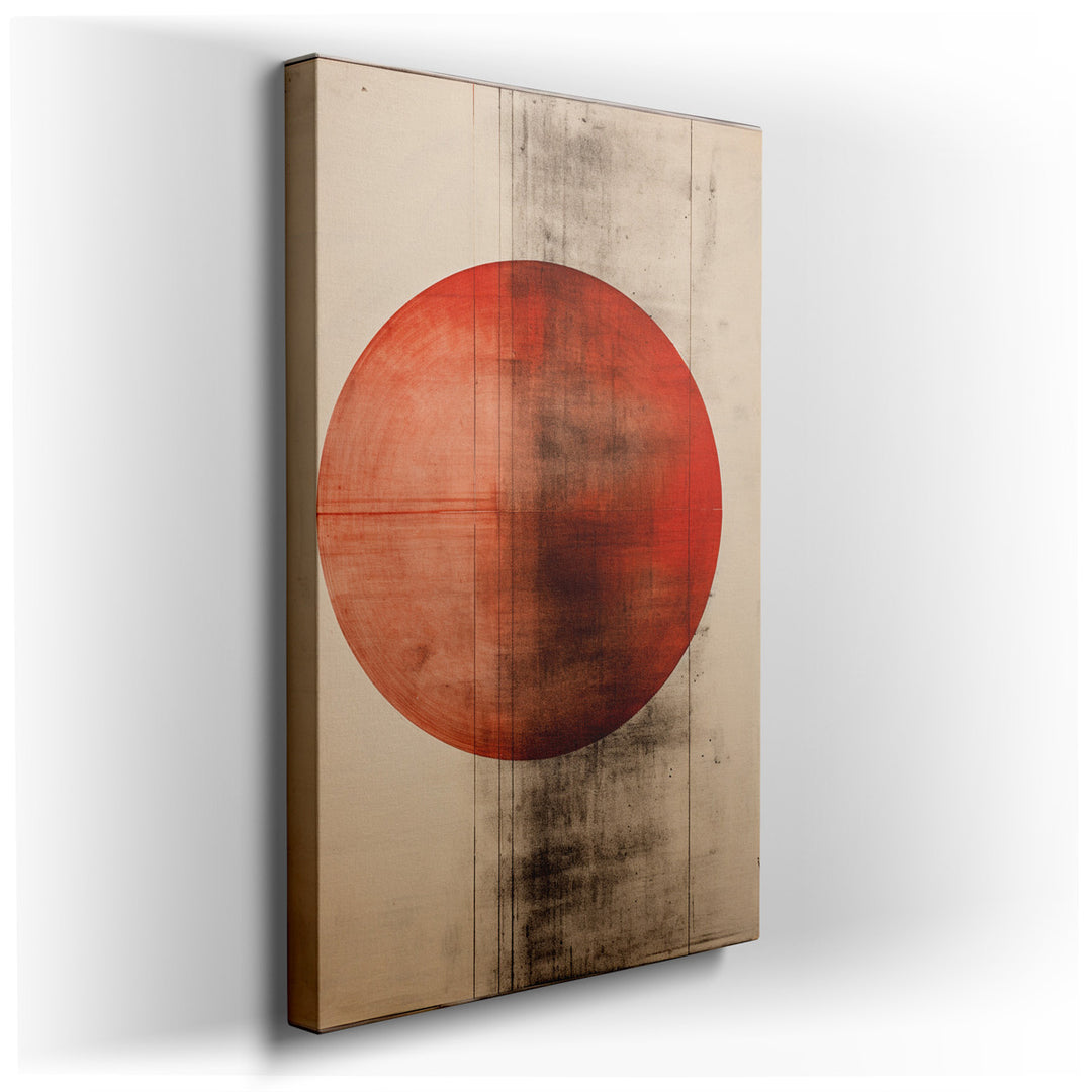 canvas print on wrapped canvas for wall decor – This wall art, a captivating composition of minimalistic design and profound symbolism, features a bold red circle promi...