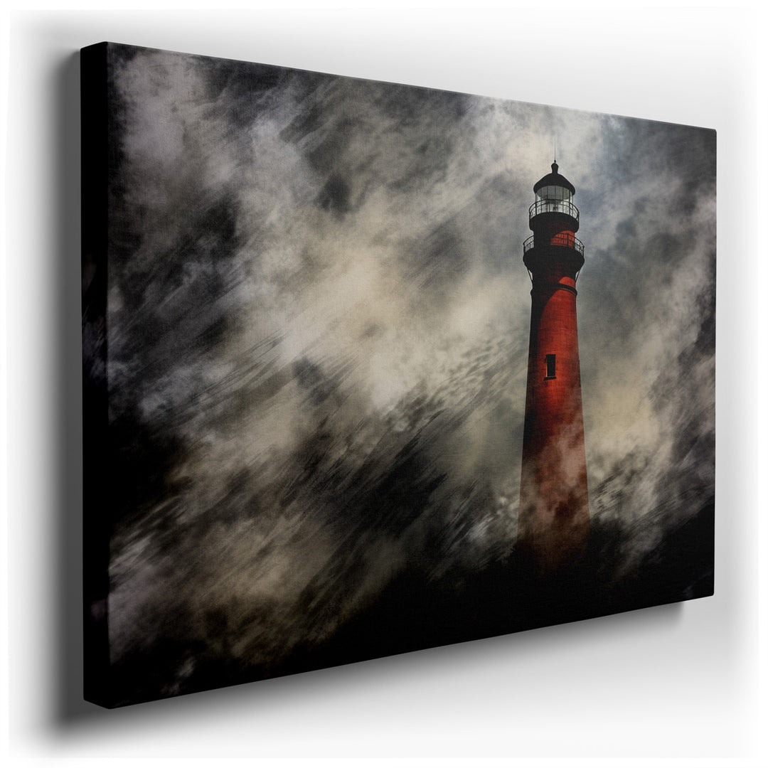canvas print on wrapped canvas for wall decor – This wall art captures a vivid and dramatic scene centered around a striking red lighthouse, which stands as a beacon of...