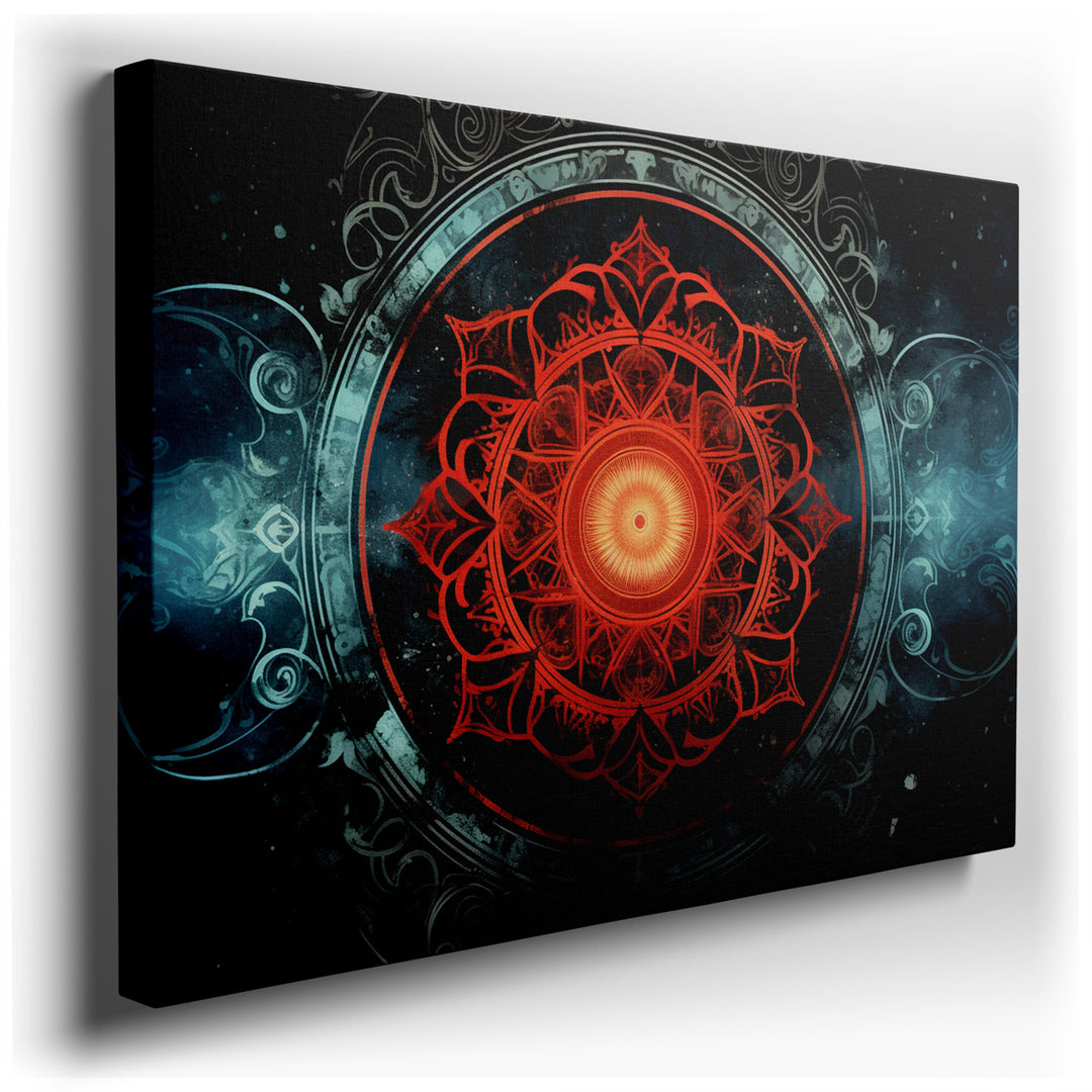 canvas print on wrapped canvas for wall decor – This wall art, a captivating piece of art, is centered around a meticulously crafted red mandala, which immediately draw...