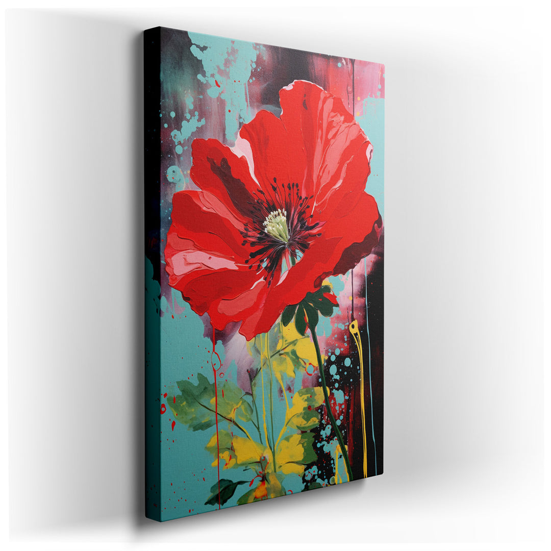 canvas print on wrapped canvas for wall decor – This wall art, a stunning portrayal of a red poppy flower, is a masterpiece of vibrant colors and energetic brushstrokes...