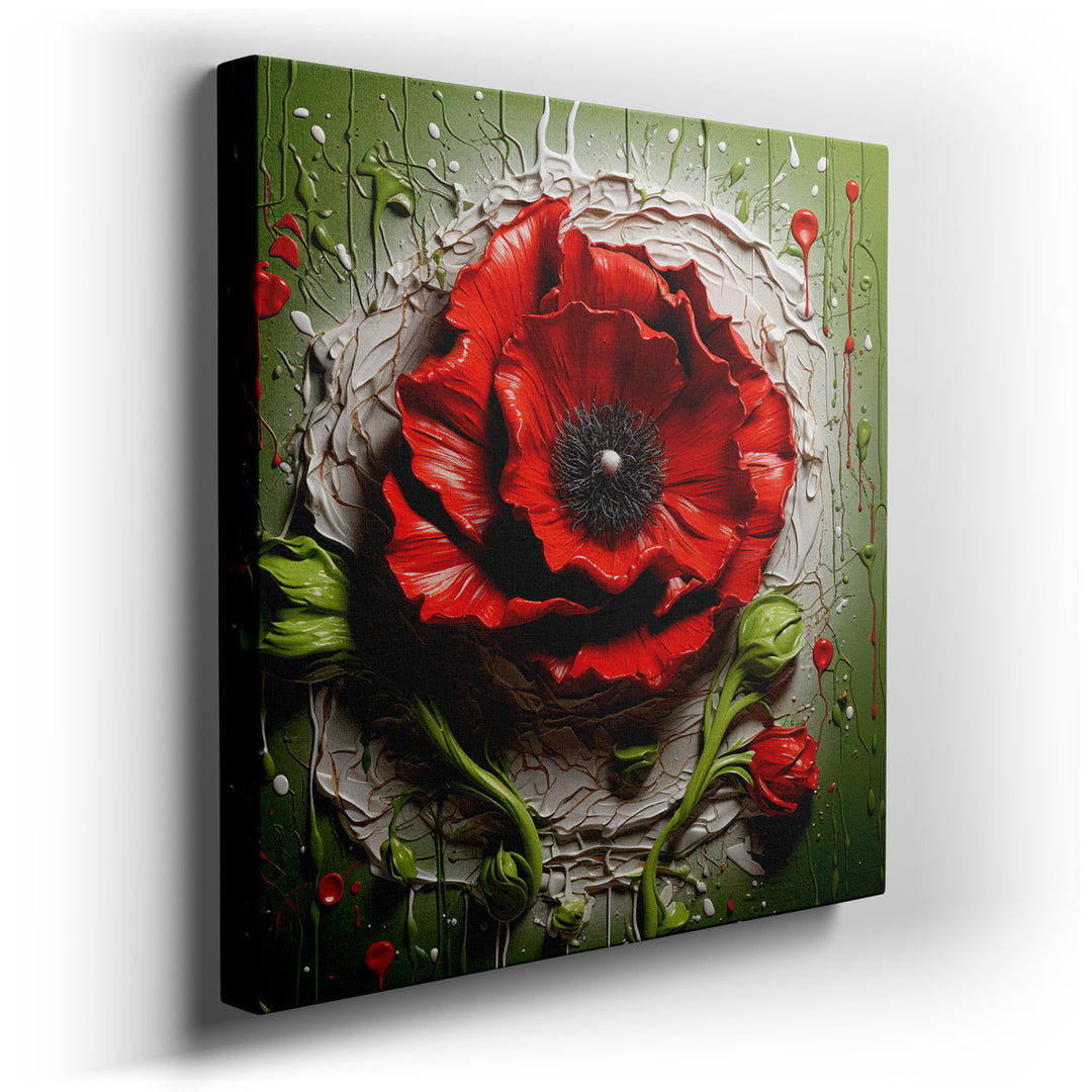 canvas print on wrapped canvas for wall decor – This wall art, an artistic 3D render, captures the essence of a vibrant red poppy flower that seems to burst forth from...