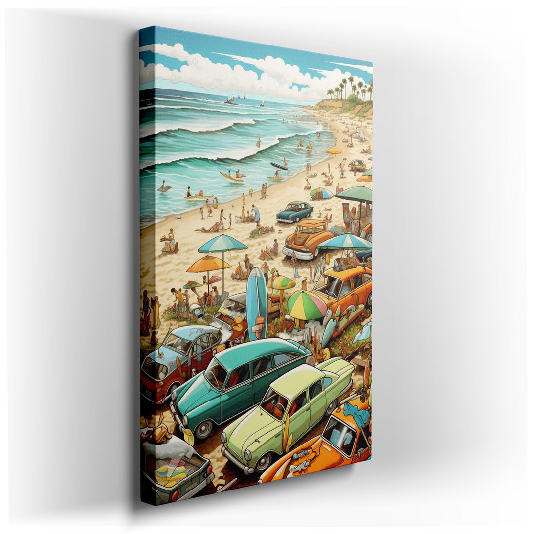 canvas print on wrapped canvas for wall decor – This wall art captures the quintessence of a vibrant retro beach scene, bustling with activity and awash in the glow of...