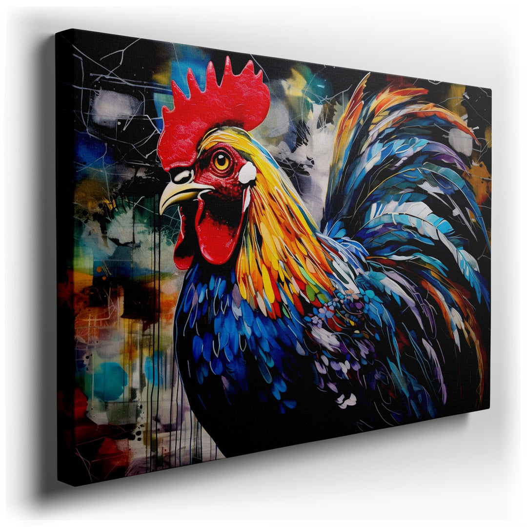 canvas print on wrapped canvas for wall decor – This captivating wall art portrays a rooster in a manner that is nothing short of breathtaking, transforming a simple su...