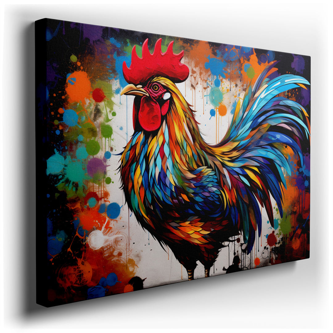 canvas print on wrapped canvas for wall decor – This wall art, a stylized portrait of a rooster, is a captivating piece that exudes vibrancy and a dynamic sense of life...