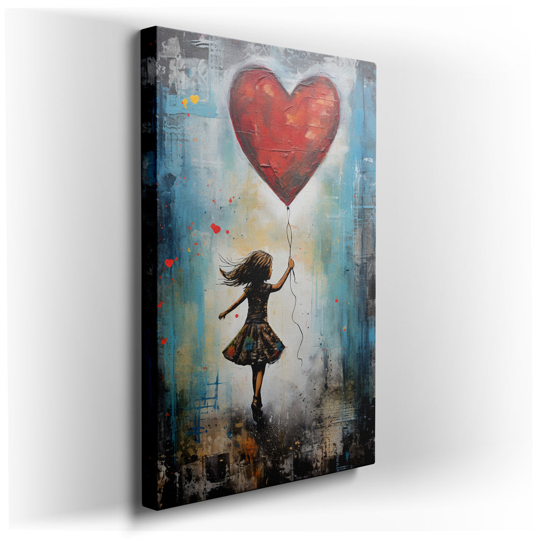 canvas print on wrapped canvas for wall decor – This captivating wall art portrays a young girl in the midst of a joyful run, her hand clutching a vibrant, heart-shaped...