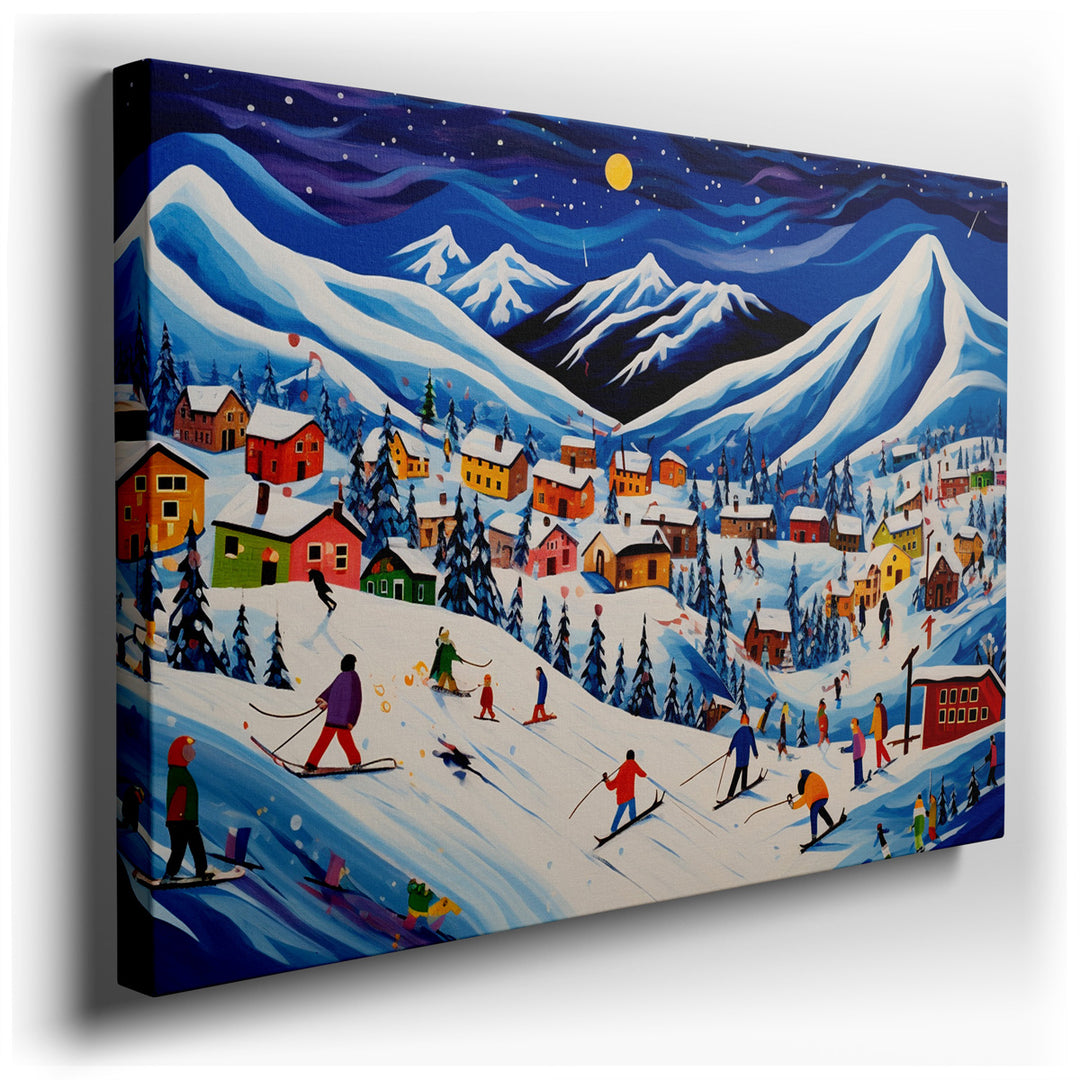 canvas print on wrapped canvas for wall decor – This wall art captures the essence of a bustling ski resort during the peak of the winter season, offering a vivid and d...