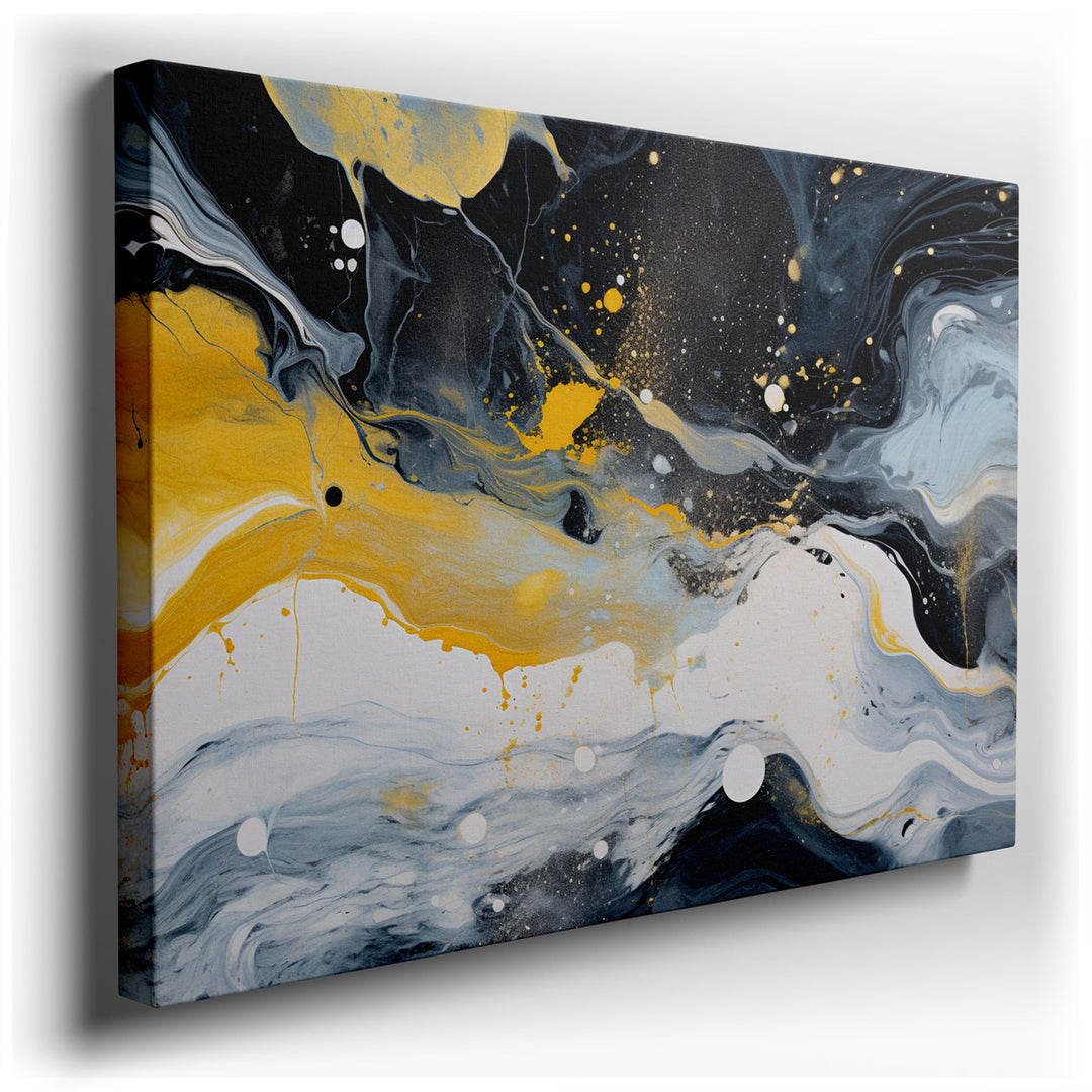 canvas print on wrapped canvas for wall decor – This abstract wall art is a captivating composition that combines dynamic swirls of black, yellow, and white, creating a...