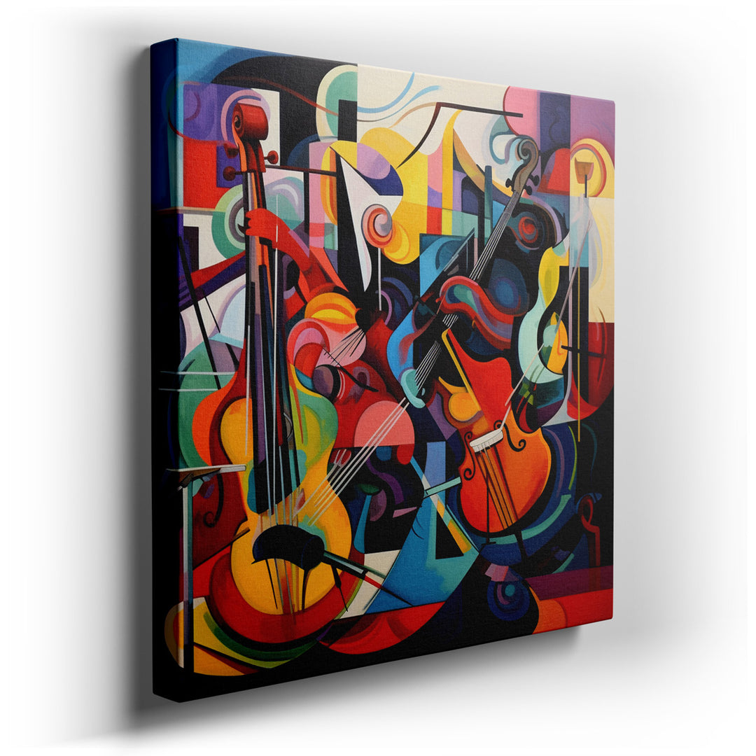 canvas print on wrapped canvas for wall decor – This wall art is an abstract representation of string instruments, masterfully capturing the essence of a vibrant musica...