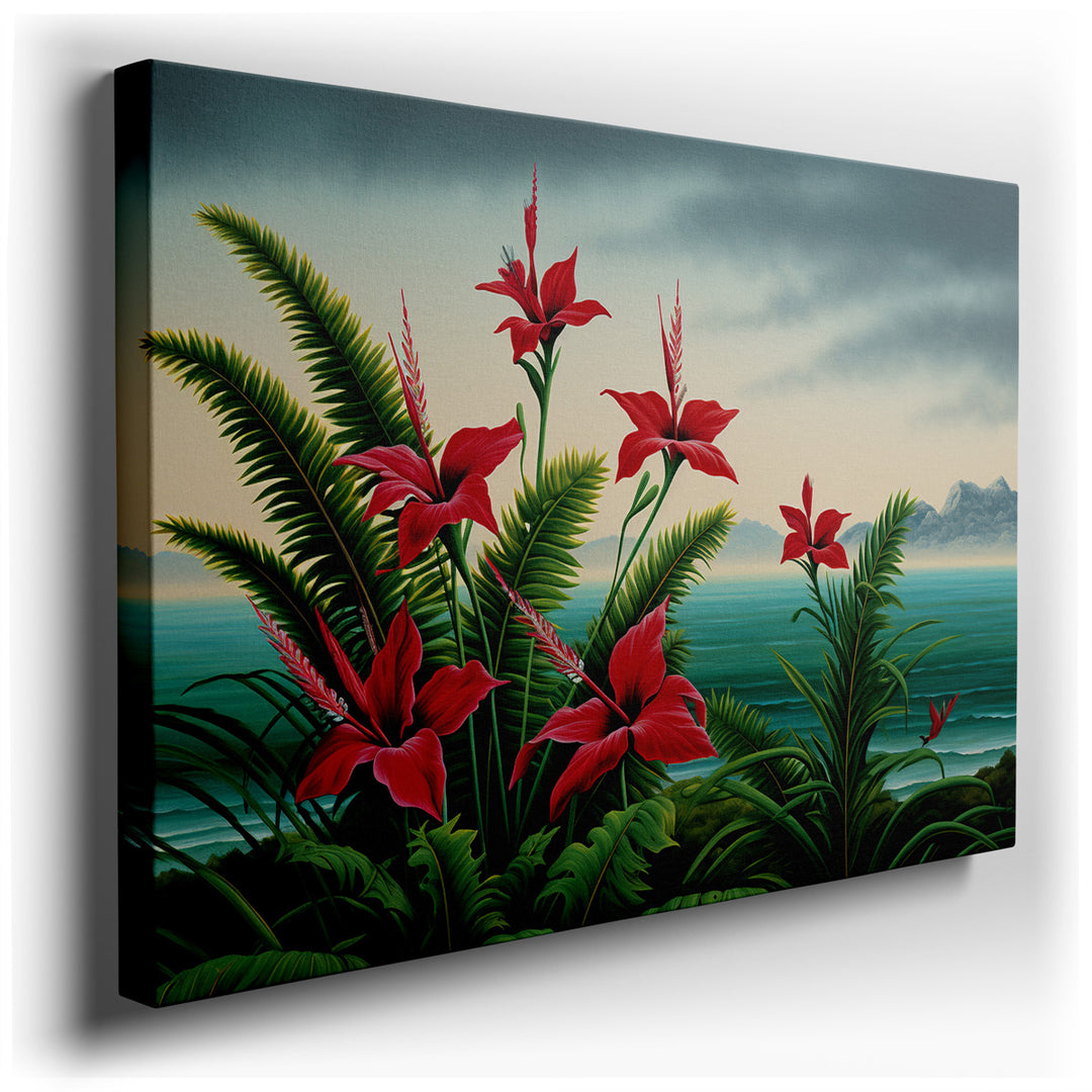 canvas print on wrapped canvas for wall decor – This exquisite wall art captures the essence of a tropical paradise with its vivid portrayal of red hibiscus flowers, wh...