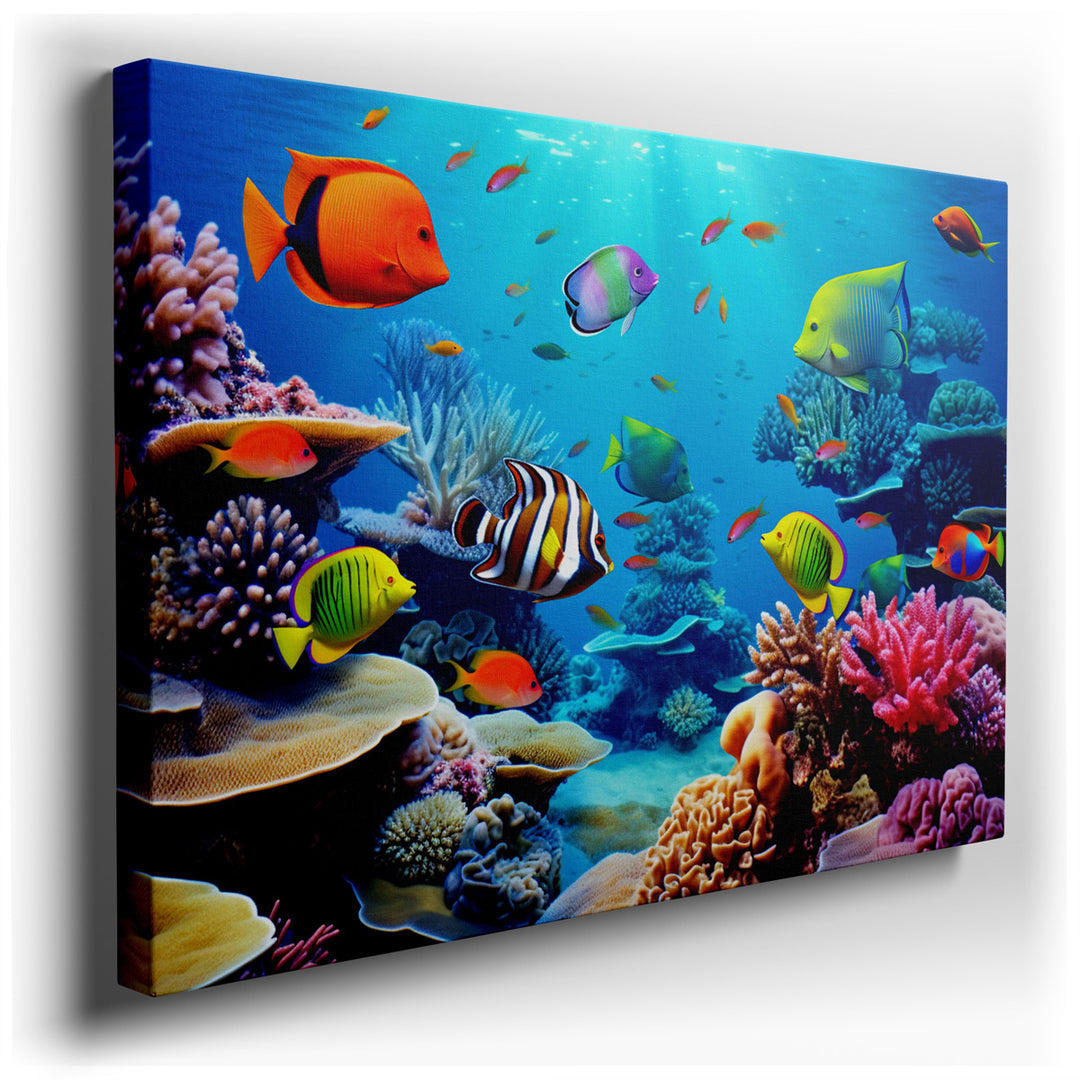 canvas print on wrapped canvas for wall decor – This wall art is a captivating portrayal of an underwater paradise, a vibrant coral reef bustling with life and color. T...