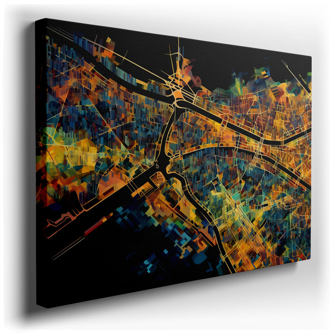 canvas print on wrapped canvas for wall decor – This wall art is a captivating abstract representation of a dynamic city map, where each stroke and color choice is meti...