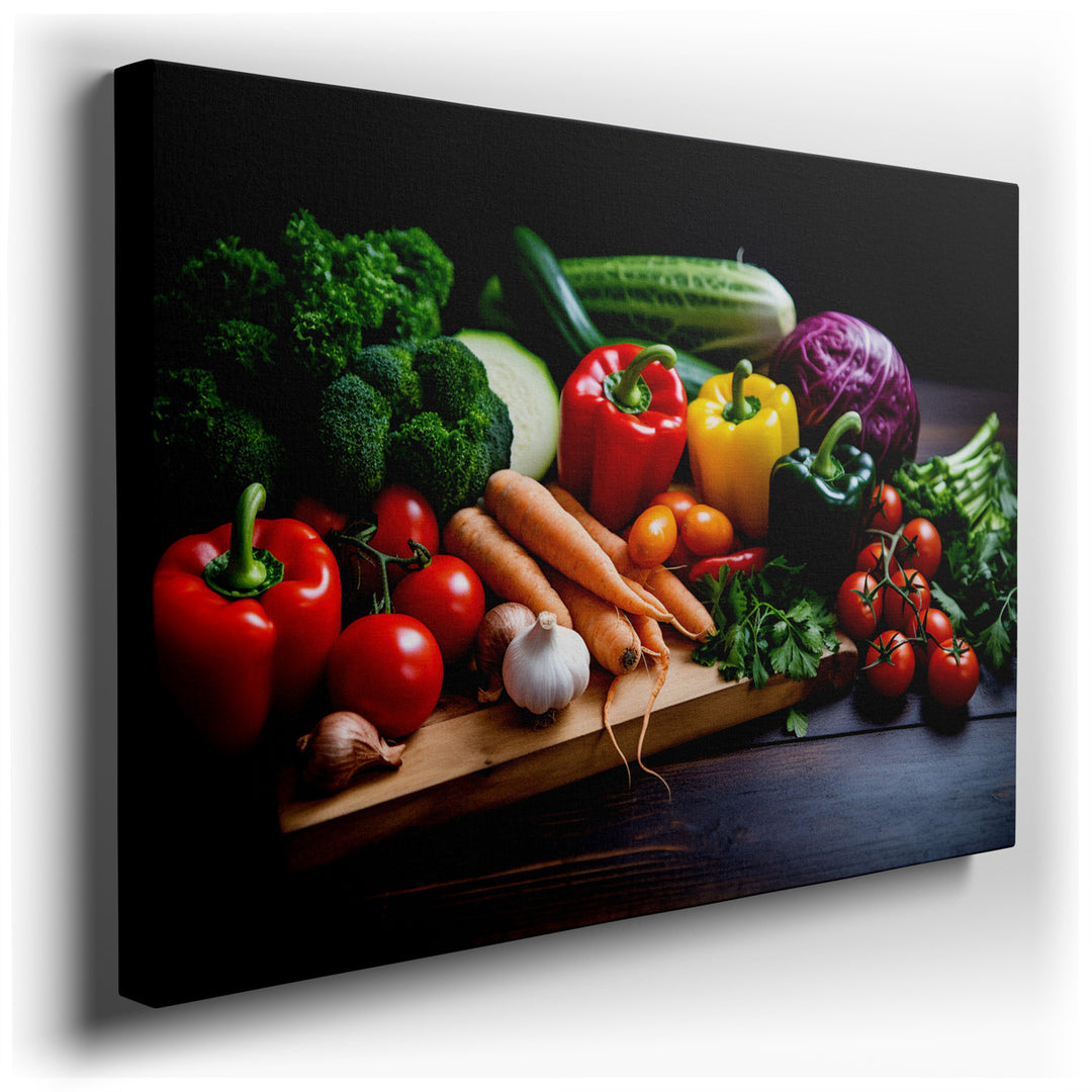 canvas print on wrapped canvas for wall decor – This wall art captures a beautifully arranged assortment of vibrant vegetables, meticulously placed on a rustic dark woo...