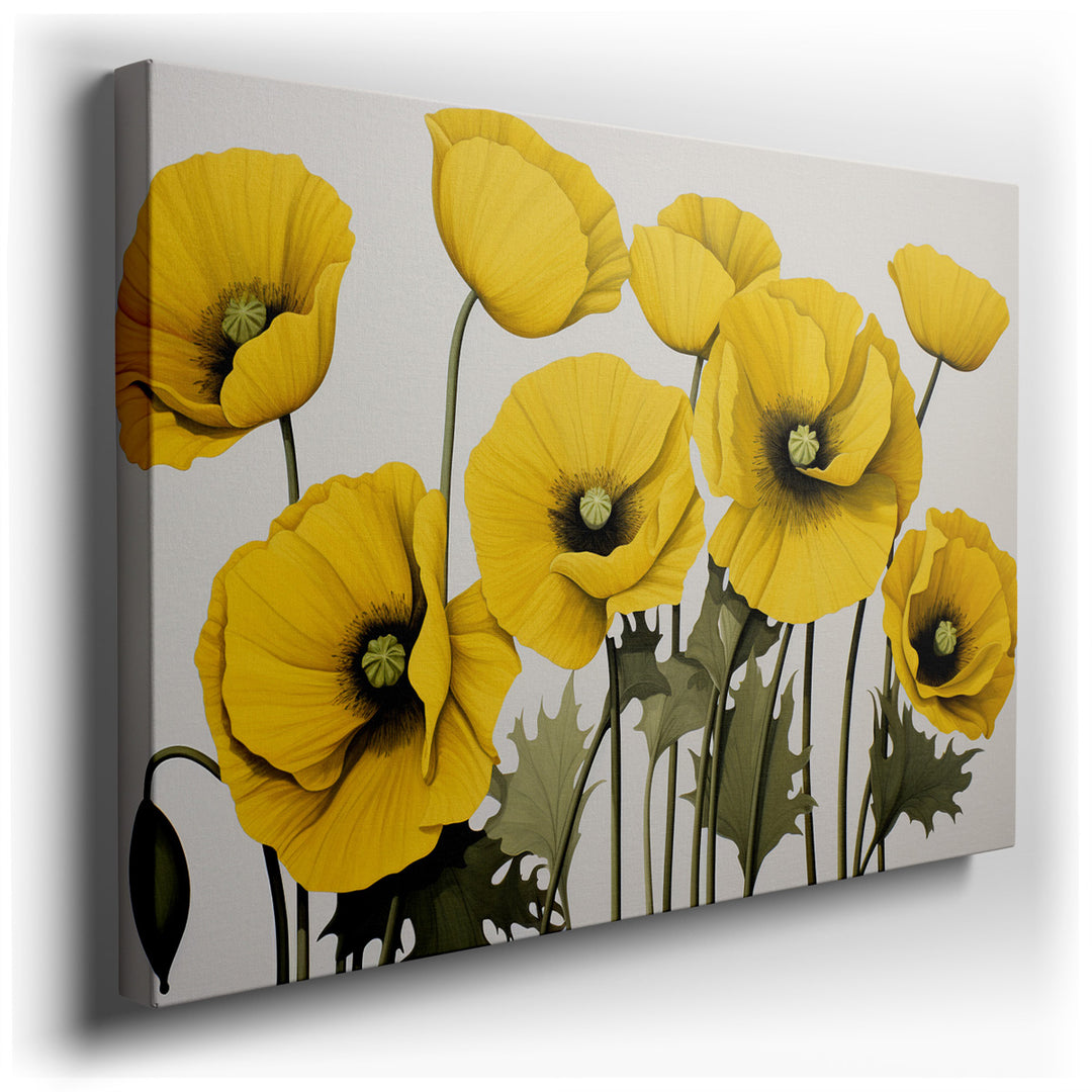 canvas print on wrapped canvas for wall decor – This enchanting wall art captures the essence of a cluster of yellow poppies in full bloom, each petal rendered with suc...