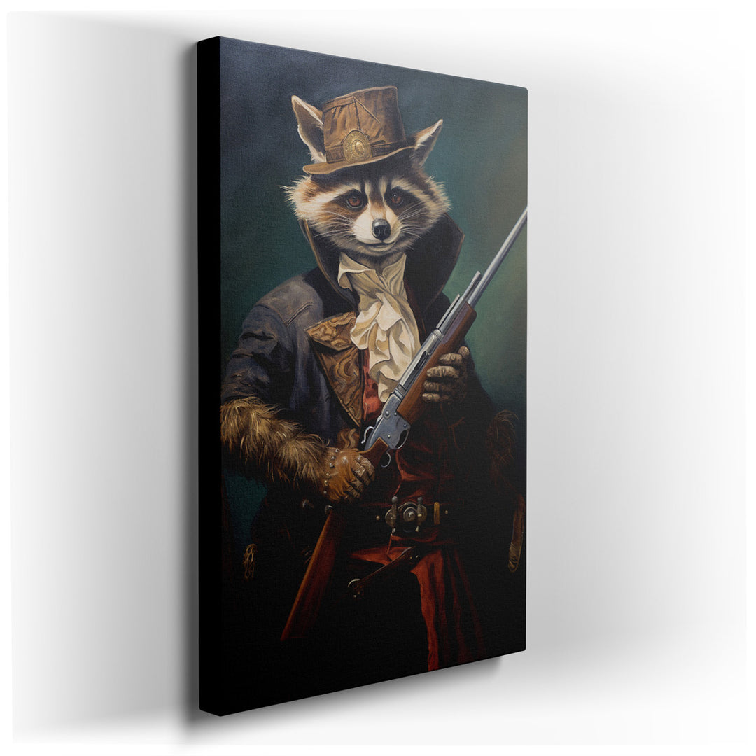 canvas print on wrapped canvas for wall decor – This enchanting wall art presents a Victorian-era raccoon, anthropomorphized and dressed in sumptuously detailed clothin...