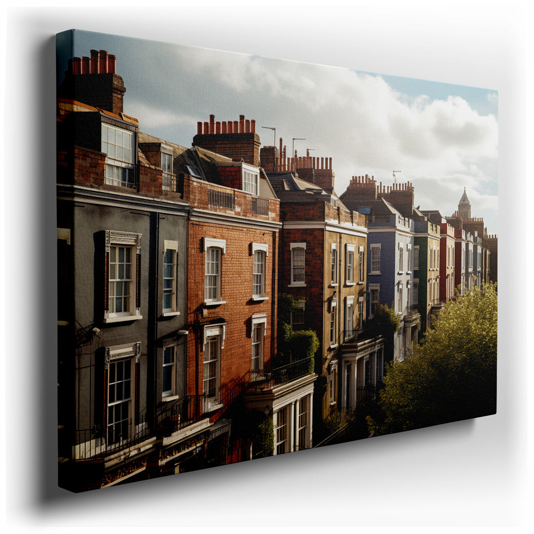 canvas print on wrapped canvas for wall decor – This enchanting wall art captures a serene streetscape lined with Victorian houses, each boasting its own distinct and v...