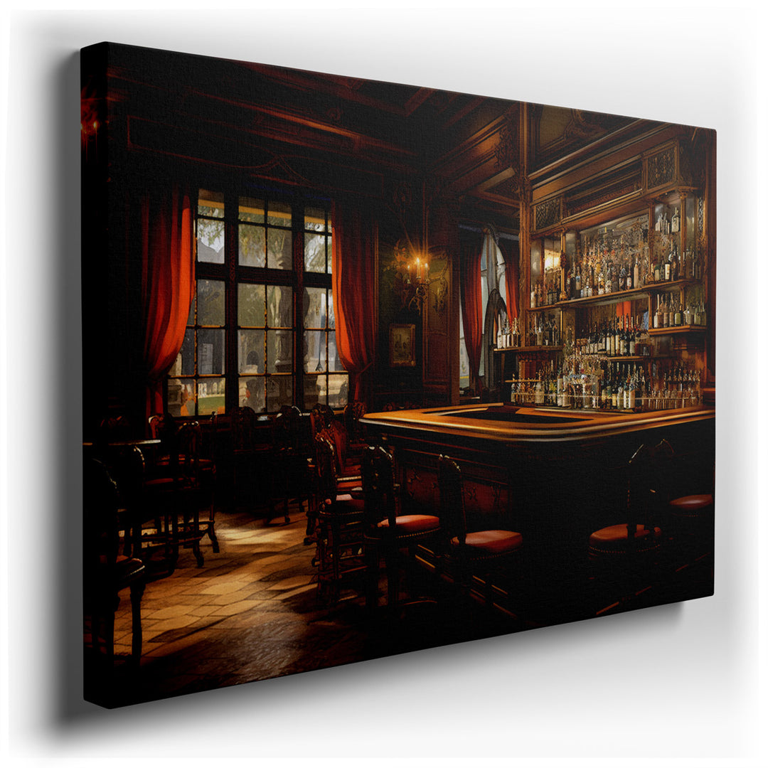 canvas print on wrapped canvas for wall decor – This wall art, a meticulously detailed depiction of a Victorian-style bar, exudes an air of sophistication and timeless...