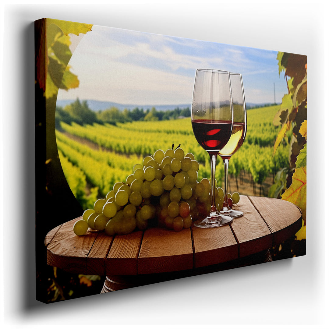 canvas print on wrapped canvas for wall decor – This enchanting wall art captures the serene beauty of a vineyard, offering a visual escape to a tranquil, sunlit world...