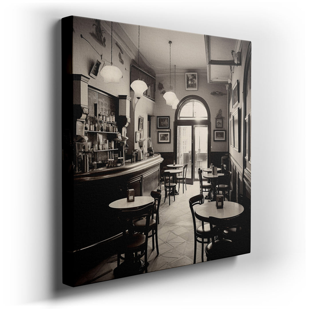 canvas print on wrapped canvas for wall decor – This wall art captures the quintessence of a bygone era, meticulously rendered in black and white, which emphasizes the...