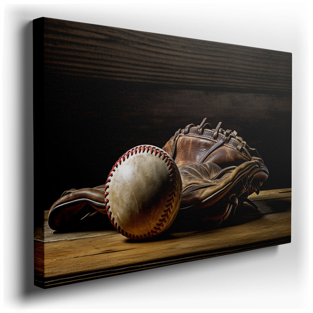 canvas print on wrapped canvas for wall decor – This wall art, a poignant representation of America's beloved sport, baseball, features a classic leather baseball glove...