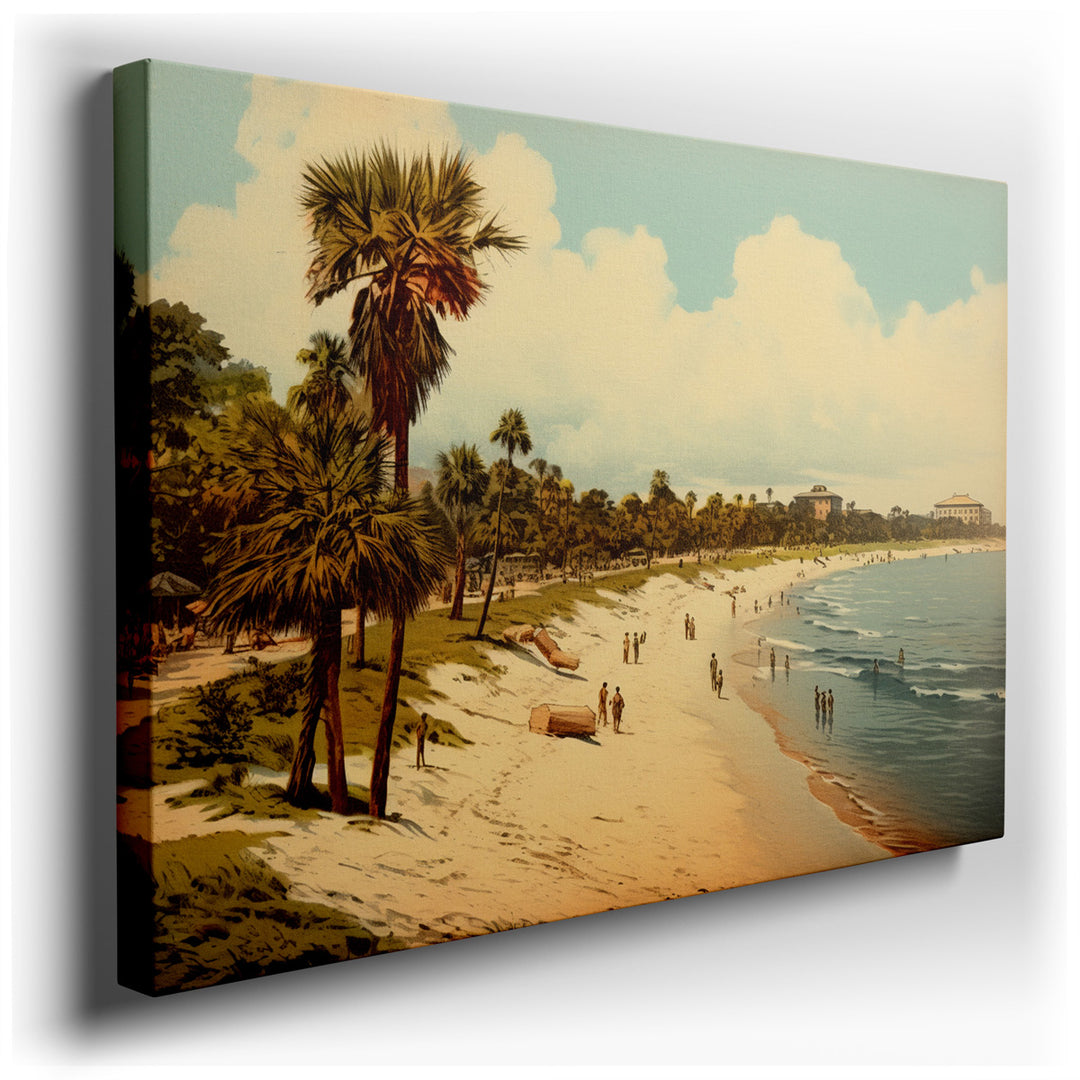 canvas print on wrapped canvas for wall decor – This enchanting wall art transports viewers to a picturesque beach setting, reminiscent of a bygone era where time moves...