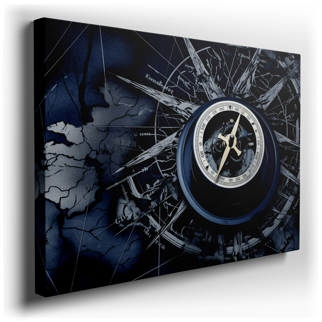 canvas print on wrapped canvas for wall decor – The wall art captures a beautifully crafted compass, meticulously placed over a vintage map that is rich in detail and s...