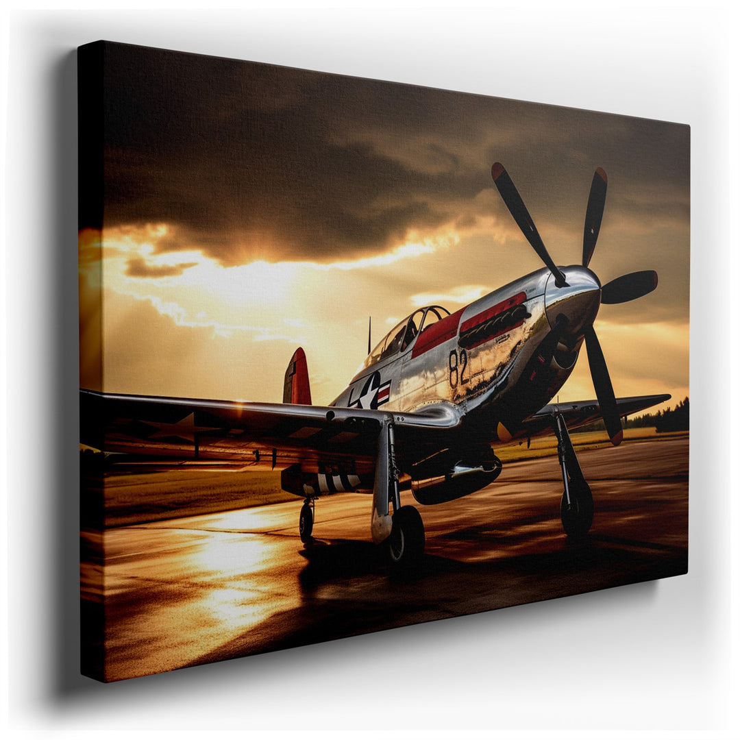 canvas print on wrapped canvas for wall decor – This wall art, a masterful depiction of a vintage fighter plane set against the backdrop of a breathtaking sunset, is a...