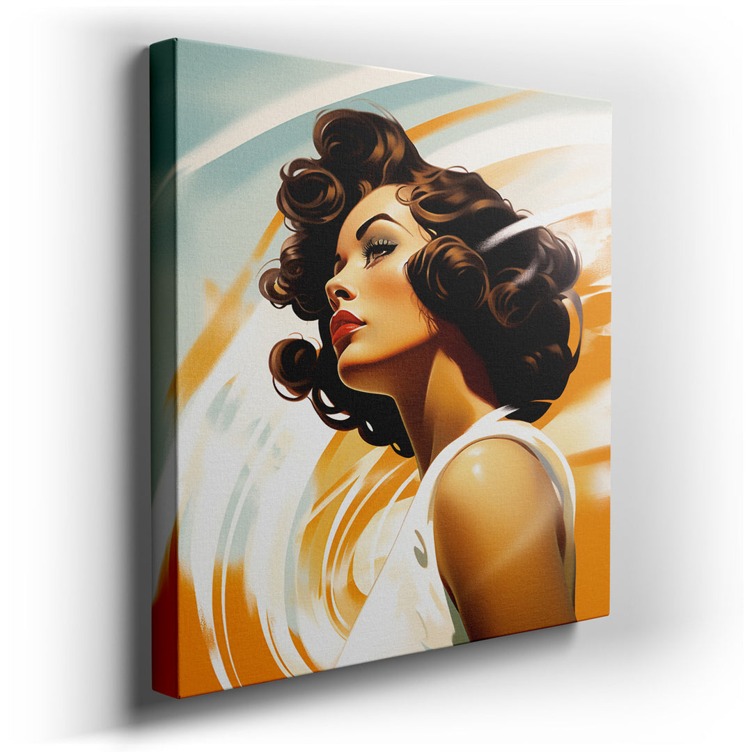 canvas print on wrapped canvas for wall decor – This wall art, a striking stylized portrait of a woman, is a masterful celebration of retro elegance and dramatic artist...