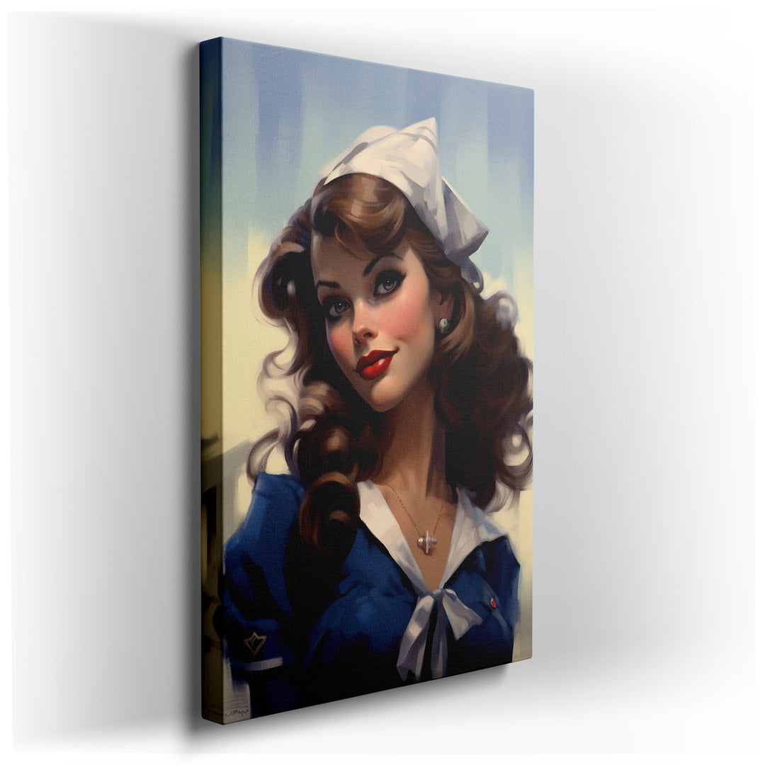 canvas print on wrapped canvas for wall decor – This enchanting wall art captures the essence of a bygone era through the depiction of a vintage-inspired sailor woman,...